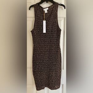 #252 HoH1960 Brown Metallic Knit Mini Dress with Pearl Detail